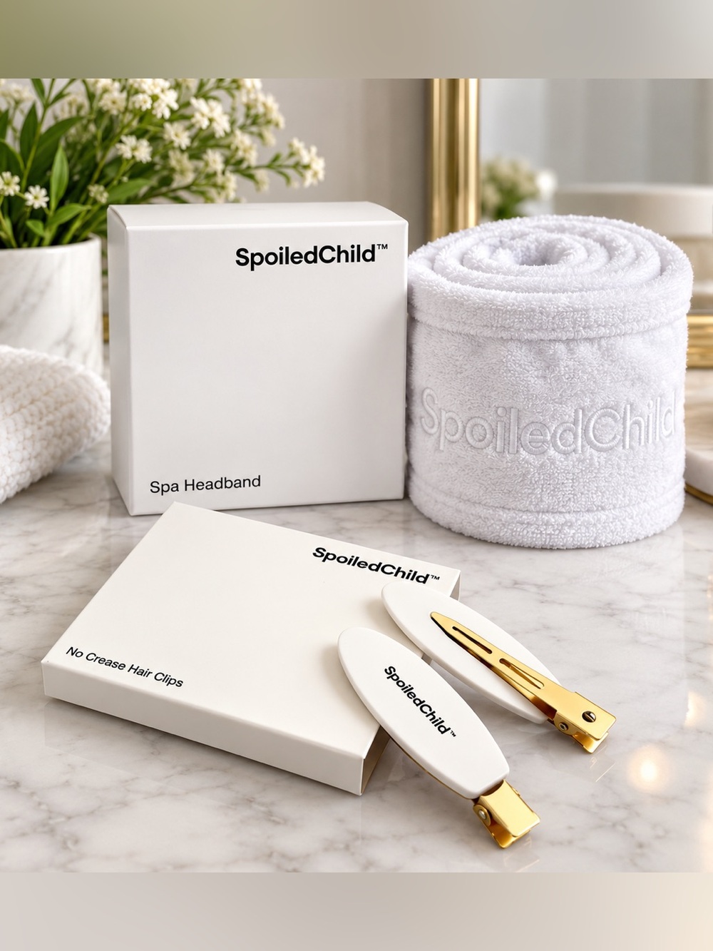 SpoiledChild™ White Spa Headband with White No-Crease Hair Clips